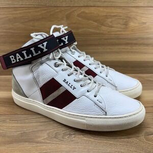 BALLY Heros Stripe Mid Top Sneakers Mens 9 D White Leather